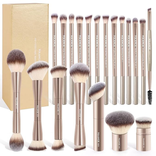 MAANGE 20 Pcs Makeup Brushes with Gift Box, Double-End Multi-functional Makeup Brushes for Blending Liquid Powder Concealer Cream Blush Buffe,Champagne