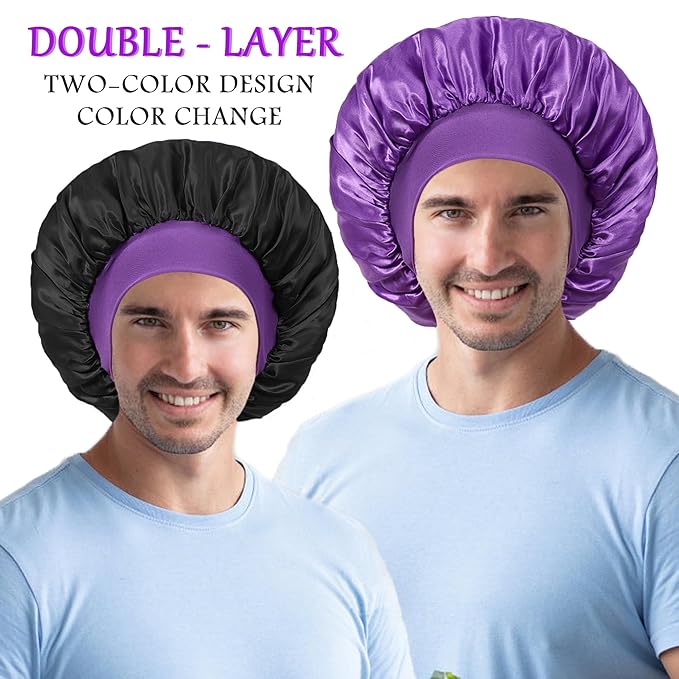 2pcs Bonnet for Men, Bonnets for Women, Satin Silk Hair Bonnet for Sleeping, Reversible Double Layer Wide Band Sleep Cap for Curly Hair Braids