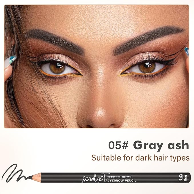 6Pcs Eyebrow pencil wooden，Brow Kit with Brush and Sharpener，Eyebrow Pencils for Women，Fine Tip Eye Brow Eye Liner for Eye Makeup,Shapes, Defines, Fills Brows (Gray ash-05)