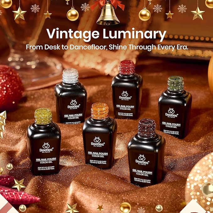 Beetles Glitter Gel Nail Polish Set – Vintage Luminary 6 Sparkling Colors Reflective Long-Lasting UV LED Soak Off Gel Holiday Party Nail Art Kit Gift for Women
