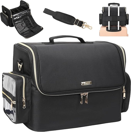 Extra Large Makeup Bag Professional Makeup Artist Bag Tattoo Case Cosmetic Train Case Travel Makeup Organizer Box with Adjustable Dividers (Black, Extra Large)