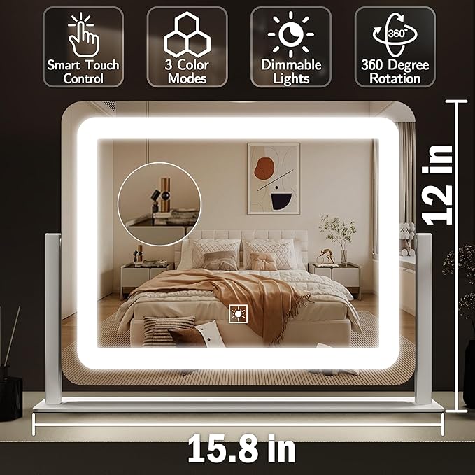 Vanity Mirror with Lights 15"x12", Lighted Makeup Mirror with 10X Magnification, 3 Color Lighting & Dimmable Brightness, Light Up Mirror for Desk, Bedroom, Bathroom