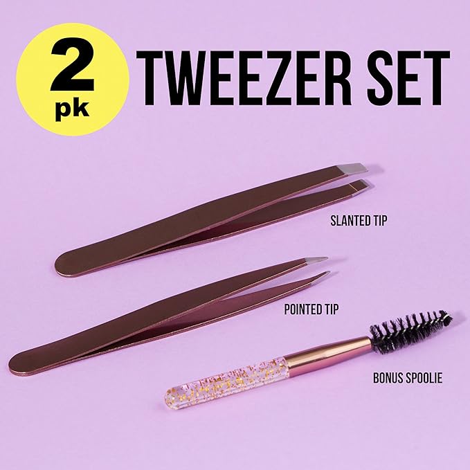 Forever 21 3pc Rose Gold Tweezer Set & Glitter Spoolie - Hair Removal Tweezers,Angled and Pointed Tweezer Set, Precision Tweezers & Eyelash Spoolie Set