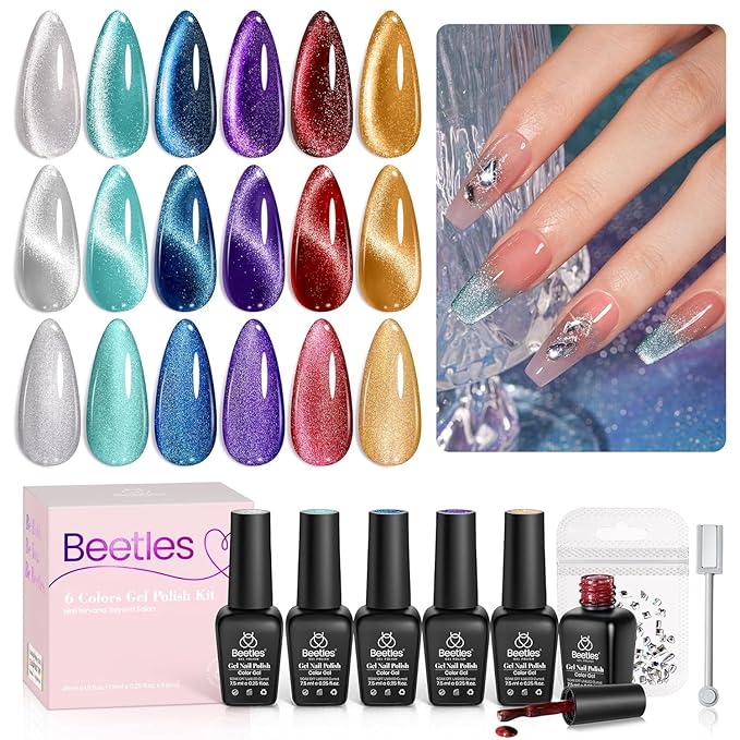 Beetles Cat Eye Gel Nail Polish Set - 6 Colors Glitter Burgundy Red Silver Blue Purple Green Gold Magnetic Cat Eye Gel Polish Holographic Effect Velvet Nail Art Salon DIY Home Gift for Women