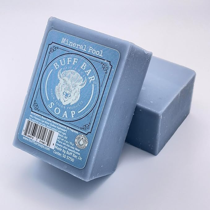 Bison Tallow Buff Soap Bar, Mineral Pool, (2 pack) - Scents of Himalayan Sea Salt, Moss, & Freesia - Cleans, Moisturizes, Soothes, Hydrates - No Chemicals or Preservatives