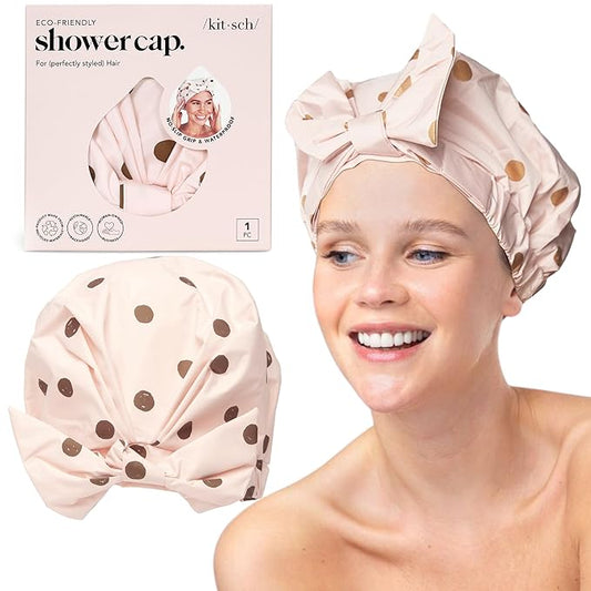 Kitsch Luxury Shower Caps for Women Reusable Waterproof - Large Shower Cap for Women, Non-slip, Quick-dry Hair Cap for Long and Short Hair, Comfortable and Stylish Design - Blush Dot