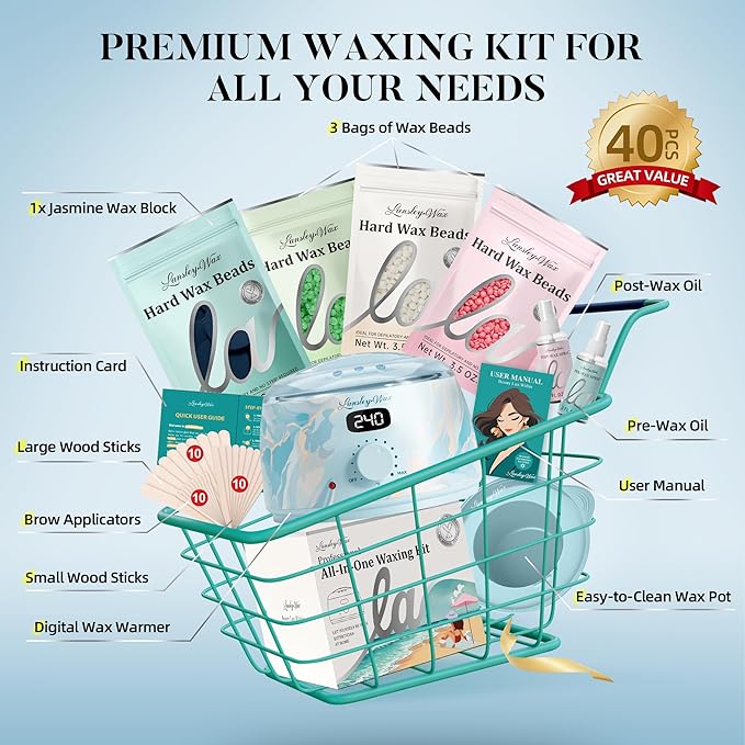 LANSLEYWAX Digital Waxing Kit for Women Men - Water Blue Waxing Machine with 39 Accessories - Hard Wax Kit for Arm Leg Brazilian Bikini Face Sensitive Skin, Wax Warmer Hair Removal for Home/Salon Use