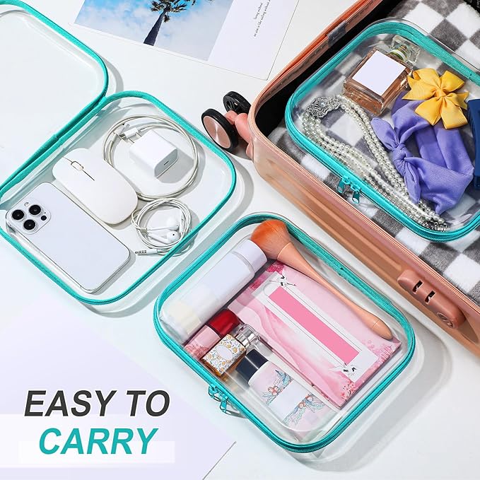 Sanwuta 6 Pcs Clear Hard Zipper Case Pencil Pouches Hard Plastic Zipper Pouches Makeup Bag Transparent Cases for Snacks Plastic Storage Organizer Box for Travel(Teal,7.87 x 5.9 x 2 Inch)