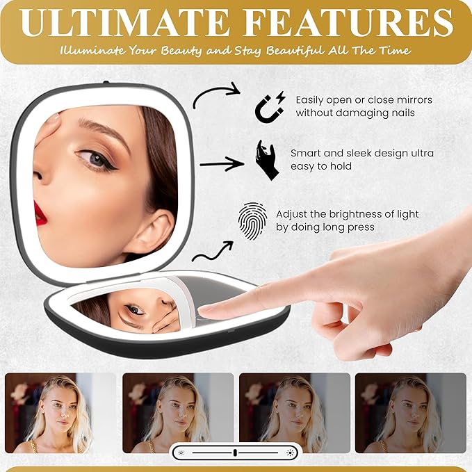 Compact LED Mirror, 3.9 inches 1X &10X Magnification, Auto ON/Off, USB Charging, 3 Light Setting & Dimmable, (Black)