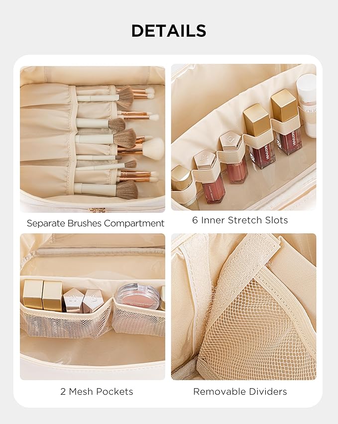 Makeup Bag for Women, X-Large Travel Makeup Bag Organizer, Portable Toiletry Bag, Cute Makeup Bags Waterproof Leather Cosmetic Bag Makeup Case with Removable Dividers, Beige