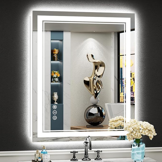 28x36 LED Bathroom Mirror with Lights, Backlit and Front Lit, Anti-Fog Lighted Vanity Mirrors for Bathroom Wall, Dimmable, 3-Color Light, Memory, Shatter-Proof, HD Tempered Glass, CRI＞90