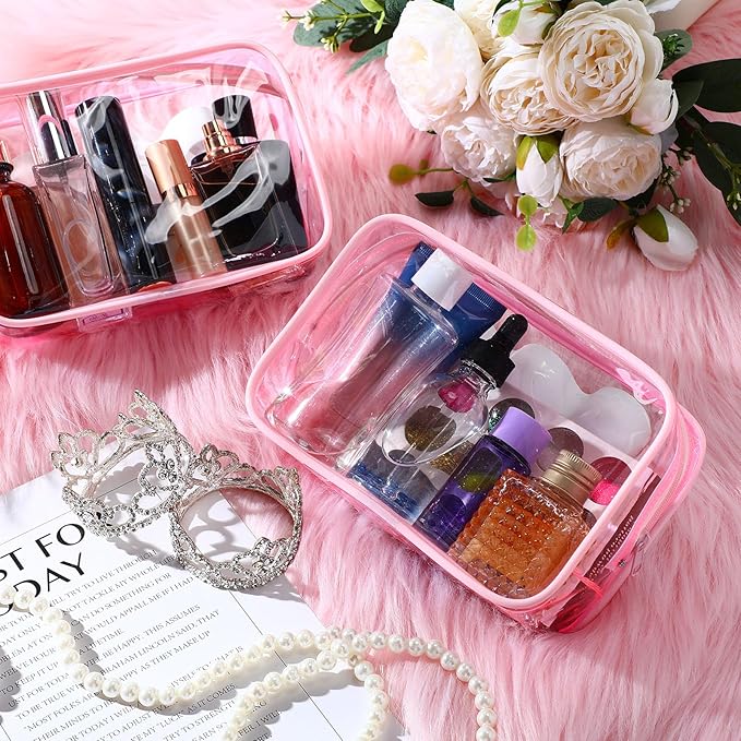Weewooday 12 Pieces Clear Makeup Bags Cosmetic Storage Bags PVC Zipper Pouches Travel Waterproof Makeup Plastic Case for Women Organizing Toiletries Traveling Bathroom(Small,Light Pink)