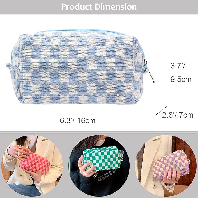 PAZIMIIK Checkered Makeup Bag for Purse Portable Zipper Make Up Pouch Small Cosmetic Case for Travel Accessories (2PCS Blue)