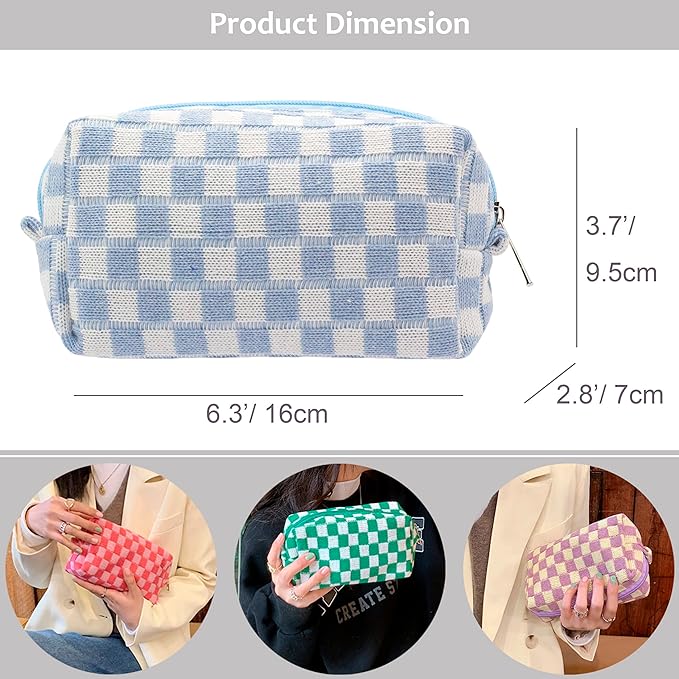 PAZIMIIK Checkered Makeup Bag for Purse Portable Zipper Make Up Pouch Small Cosmetic Case for Travel Accessories (2PCS Blue Hotpink)