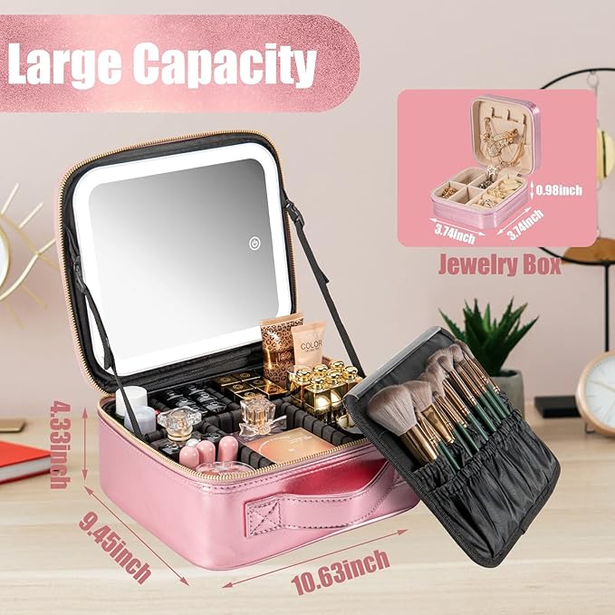 Makeup Travel Train Case with Mirror LED Light 3 Adjustable Brightness Large Cosmetic Bag Portable Storage Adjustable Partition Waterproof Makeup Brushes Make up Jewelry Gift for Women