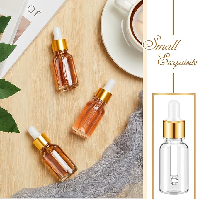 100 Pcs Mini Glass Oil Dropper Bottle Bulk, Clear Essential Small Empty Bottles Sample Containers Perfume Liquid Vials with Cap for Traveling (15 ml,Gold)