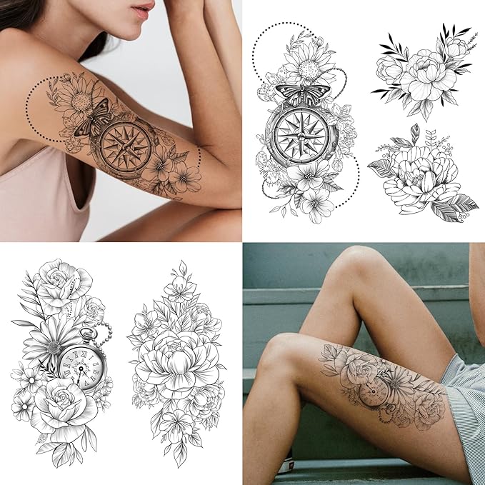 Yazhiji 49 sheets large sexy flowers collection waterproof temporary tattoos lasting fake tattoos for women and girls.