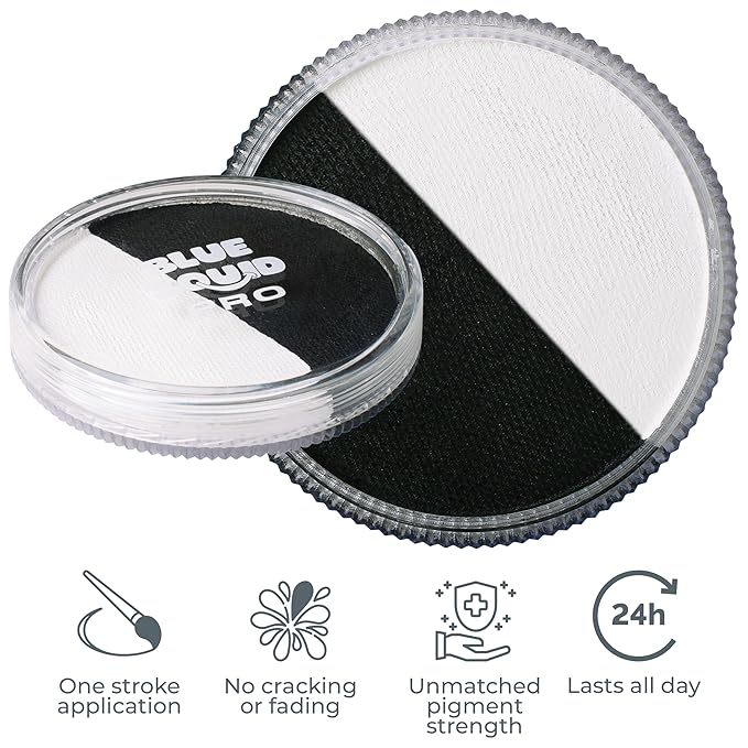 Blue Squid Face Paint Water Based Single Cake Professional Face & Body Paint - Water Activated, Kids Adults Face Painting for Costume, Halloween Makeup, Cosplay - Split Black & White Face Paint 30g