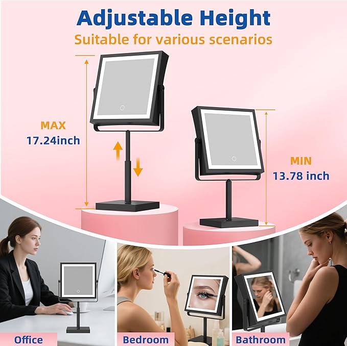 Ruacq Vanity Mirror with Lights, Height & Brightness Adjustable, Rechargeable 4000mAh Lighted Makeup Mirror with Magnification 1X/10X, 3 Color Lights & 360° Rotation (Matte Black-Table)