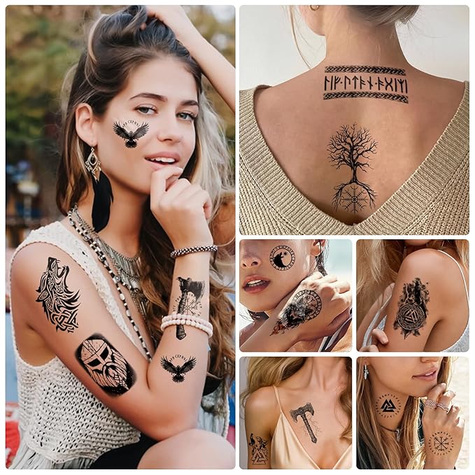 77 sheets Viking Temporary Tattoos Adult, Nordic Celtic Tattoos, Totem Tribal Fake Tattoo Stickers for Viking Costume, Nordic Norse Yggdrasil Valknut Fake Arm Tattoos for Women Men Kids