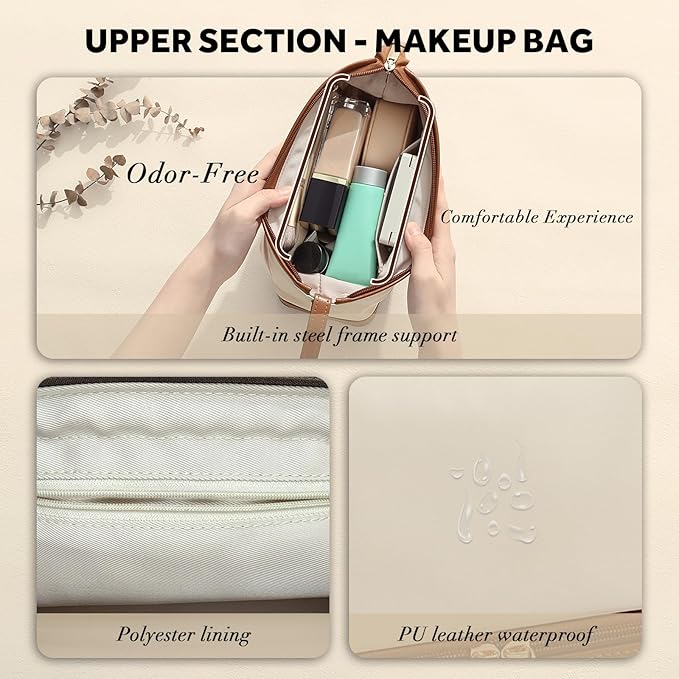 2-In-1 Jewelry Box and Makeup Bag with Mirror - Versatile Travel Jewelry Holder Organizer Cosmetic Bag, Portable Toiletry Bag with Integrated Jewelry Makeup Case for Women Men (White & Brown)