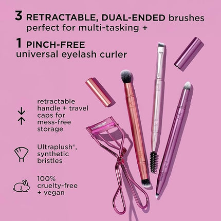 Real Techniques Double Time Brush + Lash 4 Piece Set, Dual-Ended Eye Makeup Brushes For Eyeshadow & Brows, Travel-Friendly Brush Caps For Storage, Eyelash Curler Included, Cruelty-Free