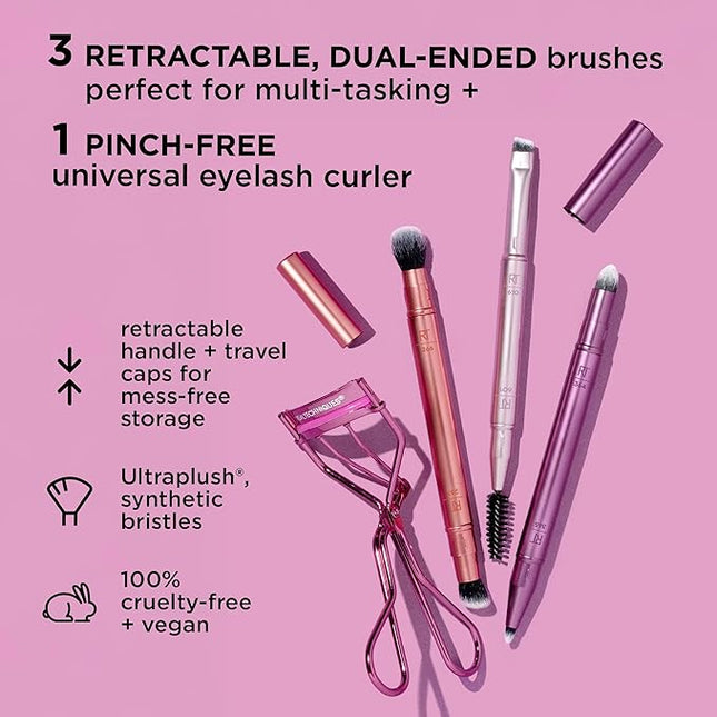 Real Techniques Double Time Brush + Lash 4 Piece Set, Dual-Ended Eye Makeup Brushes For Eyeshadow & Brows, Travel-Friendly Brush Caps For Storage, Eyelash Curler Included, Cruelty-Free