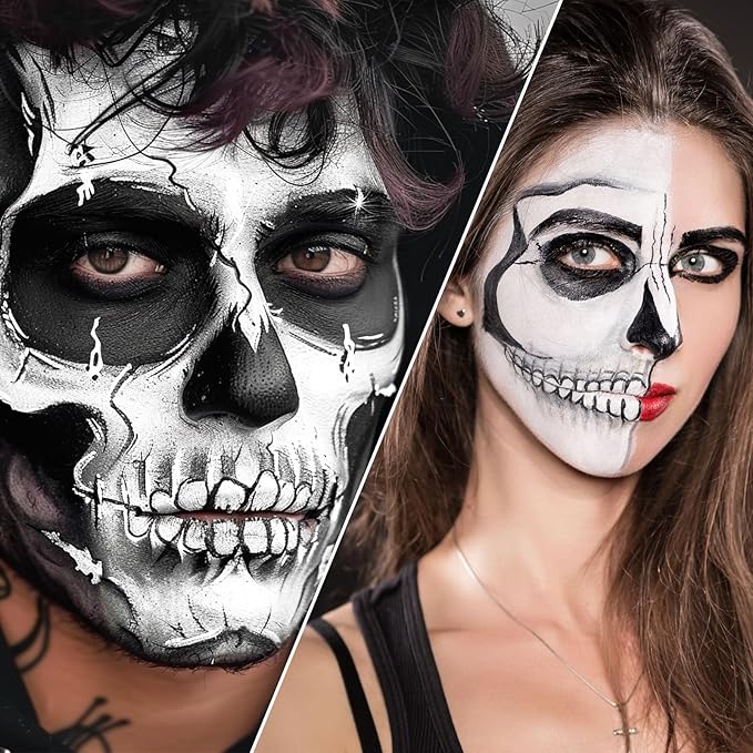 Black and White Face Paint Skeleton Makeup Kit Halloween Character Set for Kids Adults, Safe Non-Toxic Skull/Ghoul Face Painting Kit for Stage, Costume Parties, Dress Up Cosplay & Special FX Make-Up