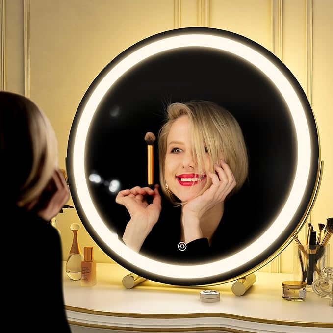 Gold Vanity Mirror, 18 Inch Lighted Makeup Mirror with Smart Touch 3 Colors Dimmable, Tabletop, 360 Rotation