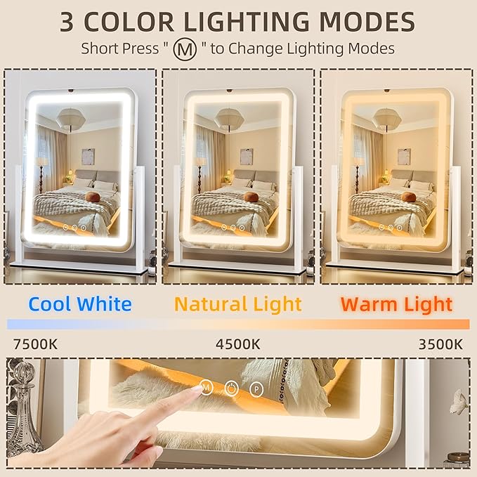 FENNIO Makeup Mirror with Lights 17"x13" ，Desk Mirror，Vanity Mirror with Lights, Touch Screen with 3-Color Lighting, Dimmable, Vanity Mirror for Vanity Desk Tabletop