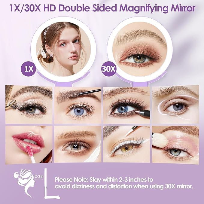 MIYADIVA Magnifying Mirror with Light, Double Sided 30X/1X Lighted Travel Makeup Mirror with Magnification, 3 Color Lighting, Dimmable Touch Screen, Adjustable & Foldable Hand Mirror (Purple)