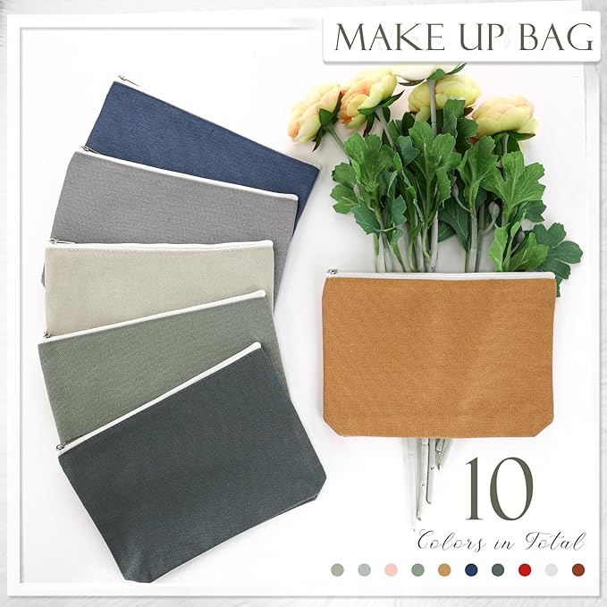 Reginary 10 Pcs Canvas Makeup Bags Bulk for Women Blank DIY Pencil Pouch Travel Toiletry Cosmetics Bags Gift for Christmas Breast Cancer Awareness Thanksgiving Wedding Nurses Teacher(Morandi Color)
