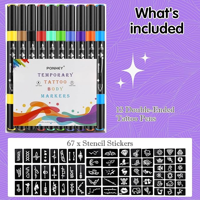 Ponhey Temporary Tattoo Markers for Skin, 12 Body Markers+67 Large Tattoo Stencils,Dual-End Tattoo Pens,Fine Lines with Cosmetic-Grade,Flexible, Skin-Safe Face Paint Kit for Kids Teenage Adults