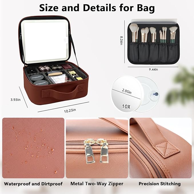Travel Makeup Bag with LED Mirror and 10x magnifying glass with 3 Lighted Settings, Adjustable Dividers and Makeup Brush Storage Bag Dark Brown