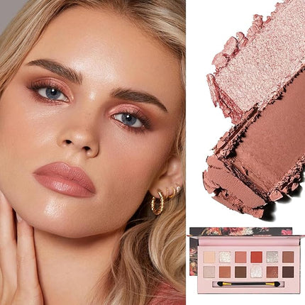 K'APEINE Warm Brown Eyeshadow Palette, 12 Colors Blush Eyeshadow Pink Red Eye Shades Matte Shimmer Eye Shadow with Eyeshadow Brush High-Pigmented Makeup Palette for Women Daily, Party, Music Festival