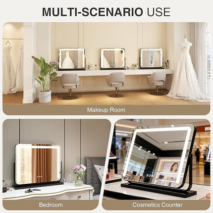 Vanity Mirror with Lights 21"×15.7" LED Makeup Mirror,Dimmable Smart Touch Control Mirror with Lights for Bedroom Tabletop, 360° Rotation,Vanity Mirror Square Black,Ideal Gifts for Her