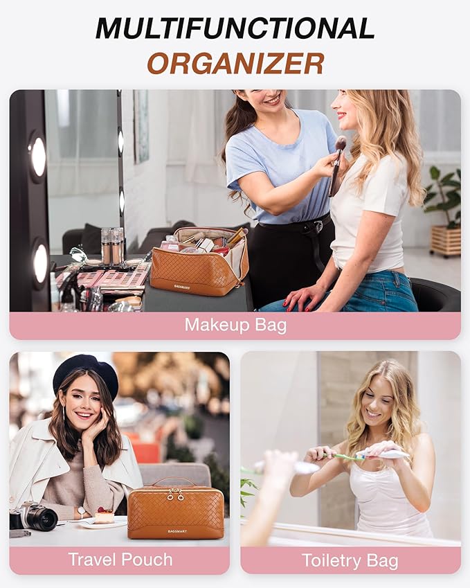 BAGSMART Makeup Bag, Travel Cosmetic Bag Organizer, PU Leather Water-Resistant Pouch, Open Flat Makeup Storage for Toiletries, Brushes, PU Leather Brown
