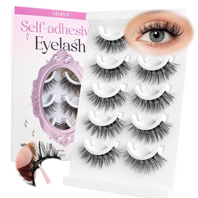 CALAILIS Self Adhesive Eyelashes 5 Pairs Natural Look Press On Lashes No Glue Need Eyelashes Reusable Cat Eye Wispy Self-adhesive False Lashes with Replacement Adhesive Strips (CX30)