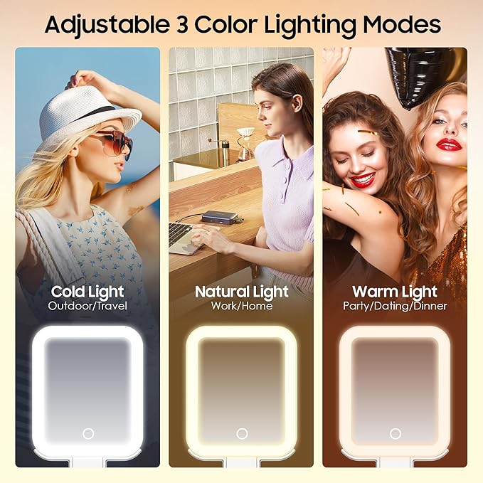 B Beauty Planet Small Travel Makeup Mirror with Lights(10" L x 5" W), Double-Sided 1X/30X Magnifying Mirror, 3 Color Lighting & Brightness Adjustable, Portable &Foldable Handheld Mirror with Lights