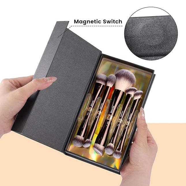 MAANGE Makeup Brush Set Double-ended Kabuki Makeup Brushes For Foundation Contour Liquid Powder Concealer Eye Shadows Cream Cosmetics Blending Blush Makeup Tools (Coffee Brown, 5 PCS)