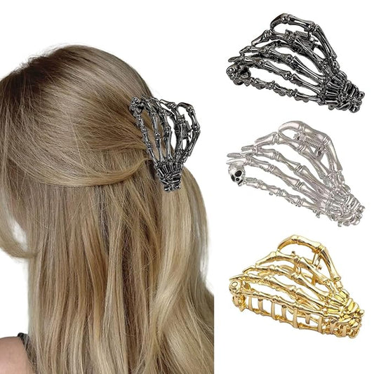3 Pcs Halloween Hair Claw Clips Black and Golden Skeleton Hand Hair Styling Accessories for Women Girls, Gothic Large Medium Size Catch Clips for Thick Hair Horror Theme Party