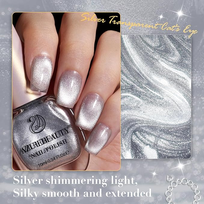 AZUREBEAUTY Cat Eye Nail Polish Fast Drying Silvery Glitter Nail Polish Moonlight Natural Glassy Shine Salon Quality for Women Girl Gifts