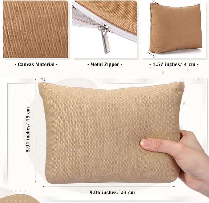 Reginary 10 Pcs Canvas Makeup Bags Bulk for Women Blank DIY Pencil Pouch Travel Toiletry Cosmetics Bags Gift for Christmas Breast Cancer Awareness Thanksgiving Wedding Nurses Teacher(Brown)