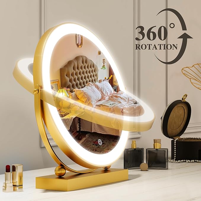13 Inch Vanity Mirror with Lights, Round Make Up Mirror with Lighting, LED Mirror Makeup Mirror with Lights for Bedroom Tabletop, Smart Touch Control, 360° Rotation (Gold)