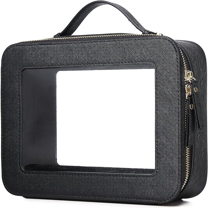 Pinkmik Clear Makeup Bag for Women Waterproof Travel Cosmetics and Toiletries Case Portable Makeup Oaganizer Bag Clear Car Bag with Zipper (Black, L)