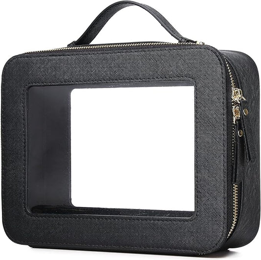 Pinkmik Clear Makeup Bag for Women Waterproof Travel Cosmetics and Toiletries Case Portable Makeup Oaganizer Bag Clear Car Bag with Zipper (Black, L)