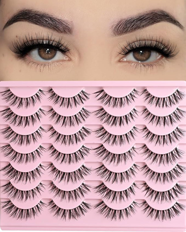 FARRED Cat Eye Lashes False Eyelashes Natural Look Clear Band Wispy Lashes 14 Pairs Lash Strips Hybrid Full Cateye Medium Length Strip Lashes Pack Pestañas (F28 | 8-14mm)