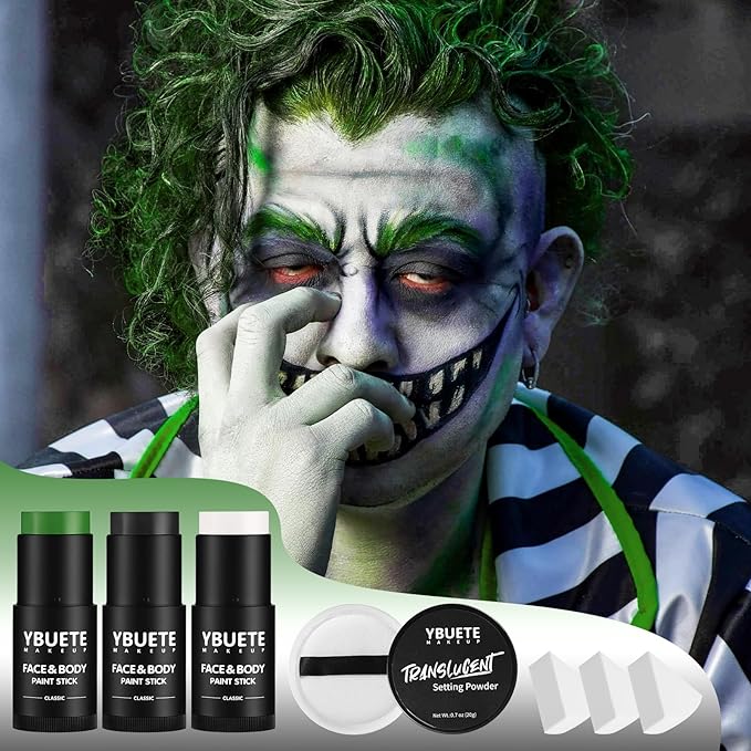 Black White Green Face Body Paint Stick Set with Translucent Setting Powder and Sponges, Professional Full Coverage Face Painting for Adults Halloween Cosplay SFX Skeleton Witch Hulk Makeup