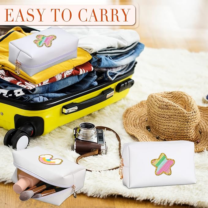 Sanwuta 9 Pcs Makeup Bags Bulk PU Double Zippers Cosmetic Bag Makeup Toiletry Pouch Portable Travel Organizers Case for Women Bachelorette Party End of The Year Bridesmaid Gift(White)