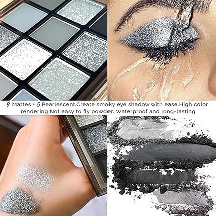 K'APEINE Black Eyeshadow Palette, 15 Colors Smokey Eye Shadow Palette Gothic Smokey Eyeshadow Palette Silver Eye Makeup Kit Matte & Shimmer Dark Shades Matte for Goth Makeup No Fading, Long Lasting